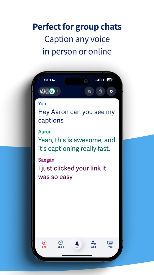 Ava app captioning a group chat with each speaker's words in a different color