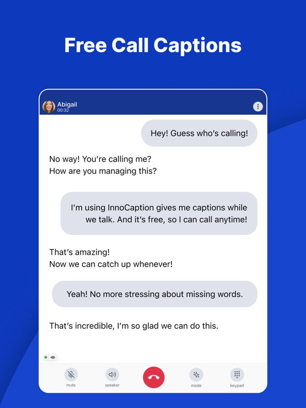 InnoCaption captioning a phone call in real time, with each side of the conversation shown as text
