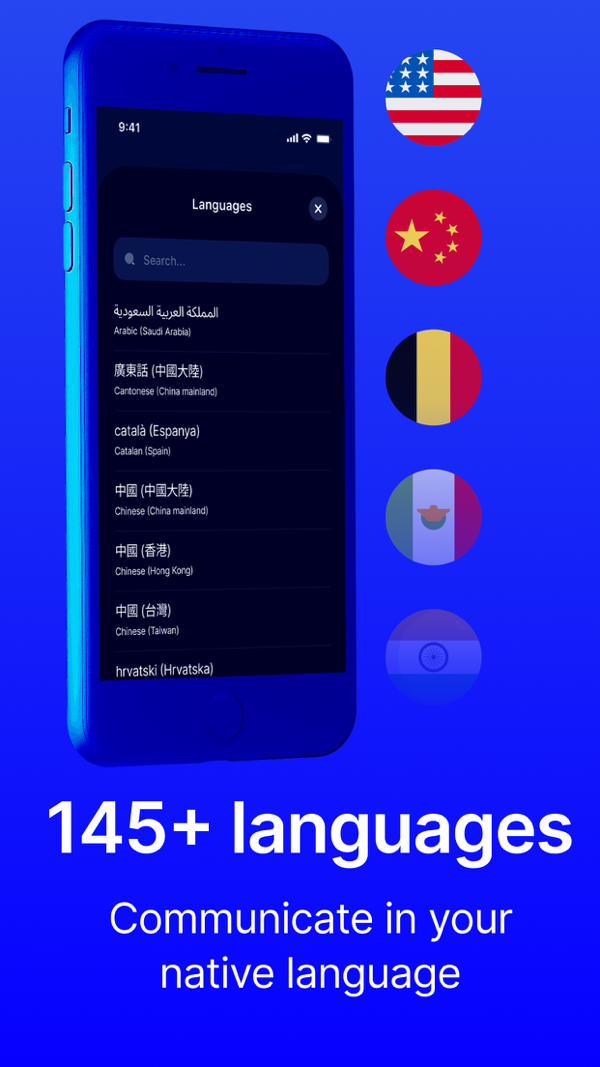 Live Transcribe language picker showing some of its 145+ supported languages