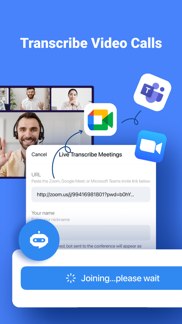 Notta's meeting feature joining a Zoom call to transcribe it, with Zoom, Google Meet, and Teams icons