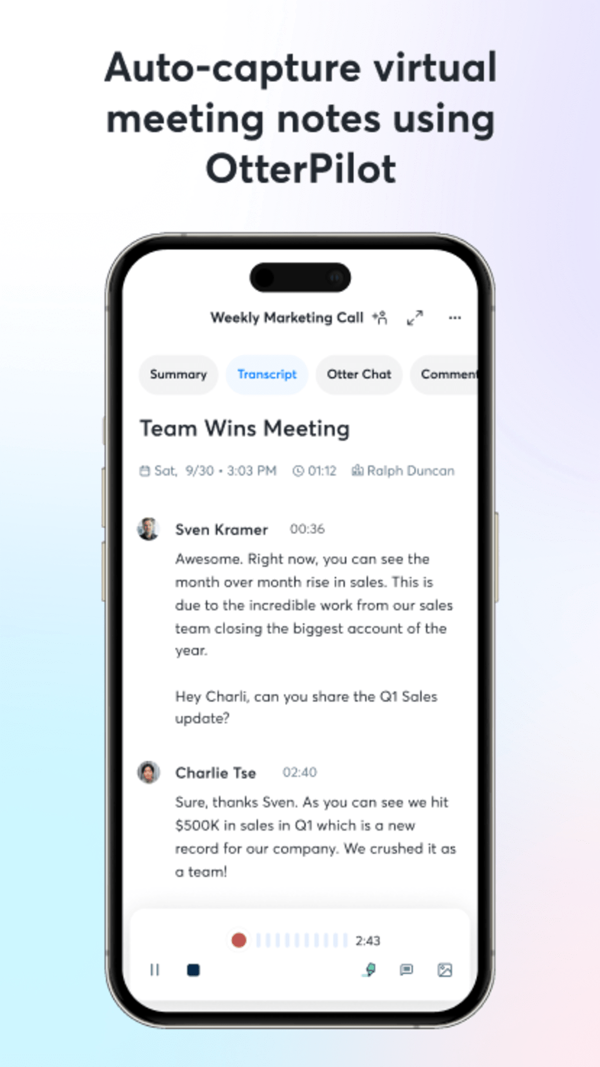 Otter app showing a meeting transcript with named speakers and summary, transcript, and chat tabs