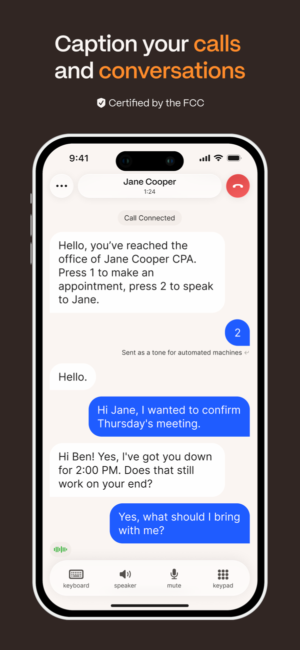 Rylo app captioning a live phone call, with typed replies shown as chat bubbles